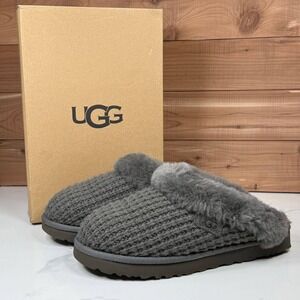 UGG Cozy Knit Slippers Charcoal Grey Wool Blend Sheepskin Mules Womens 8